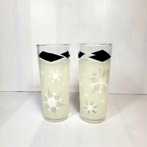 2 MCM Anchor Hocking Tumblers Frosted Snowflake Atomic Tom Collins Drink Glasses